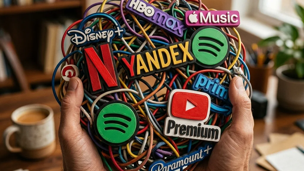 Логотипы различных подписочных сервисов: Яндекс Плюс, Netflix, Spotify, YouTube Premium, собранные в запутанное кольцо