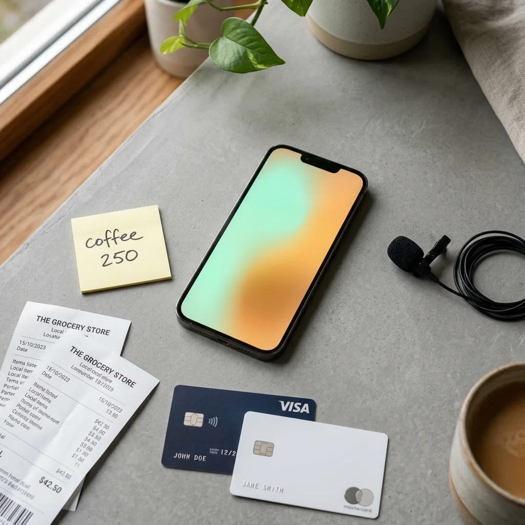 Смартфон с абстрактным градиентом на экране, окруженный банковскими картами, бумажными чеками, стикером с быстрой записью и микрофоном на сером матовом бетонном столе (микроцементе)